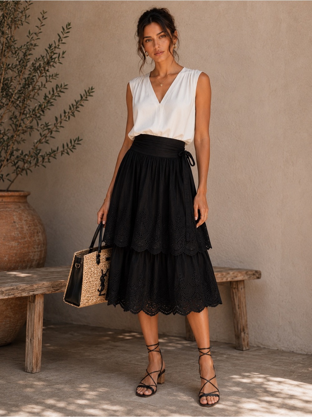 Zara Black Tiered Eyelet Midi Skirt - Women's Silk Blend size Small